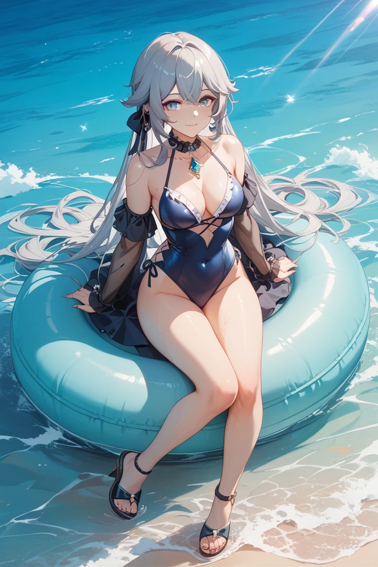 best qualityer,tmasterpiece,Ultimate resolution,downy,Extremely colorful,Colorful,Mermaid princess,cabellos largos dorados,a matural female,blue bikini,The kinky is exposed,The barefoot,the ocean,blue skinsuit,Normal posture
