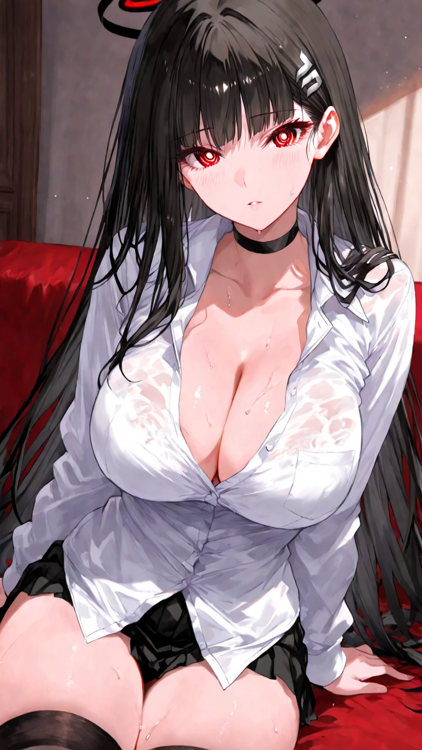Detailed facial details,1 girl、Cat ear,Black long hair, Wearing a pure white maid outfit,Wear a white mask,Red lips,Maid headdress,White over the knee boots,Charming red eyes, Holding a wine glass,Shy expression,lethargy,Large Breasts,Slim,Handcuffs,Collar,Radiant Skin,red lips,Facial details are very detailed, Restaurant