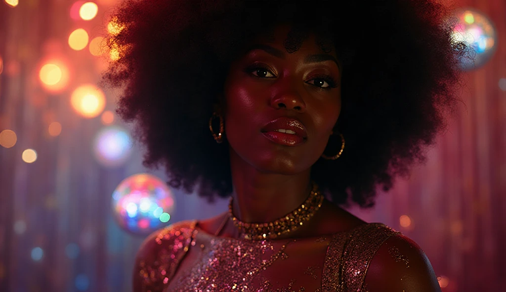 35mmNeon photo of a black woman, afro hairstyle, glitter dress, sunglasses, (in a pink-orange lit room), dark room, interior, nighttime, chiaroscuro, contrejour, rim light, high contrast, detailed skin, extreme close up shot,