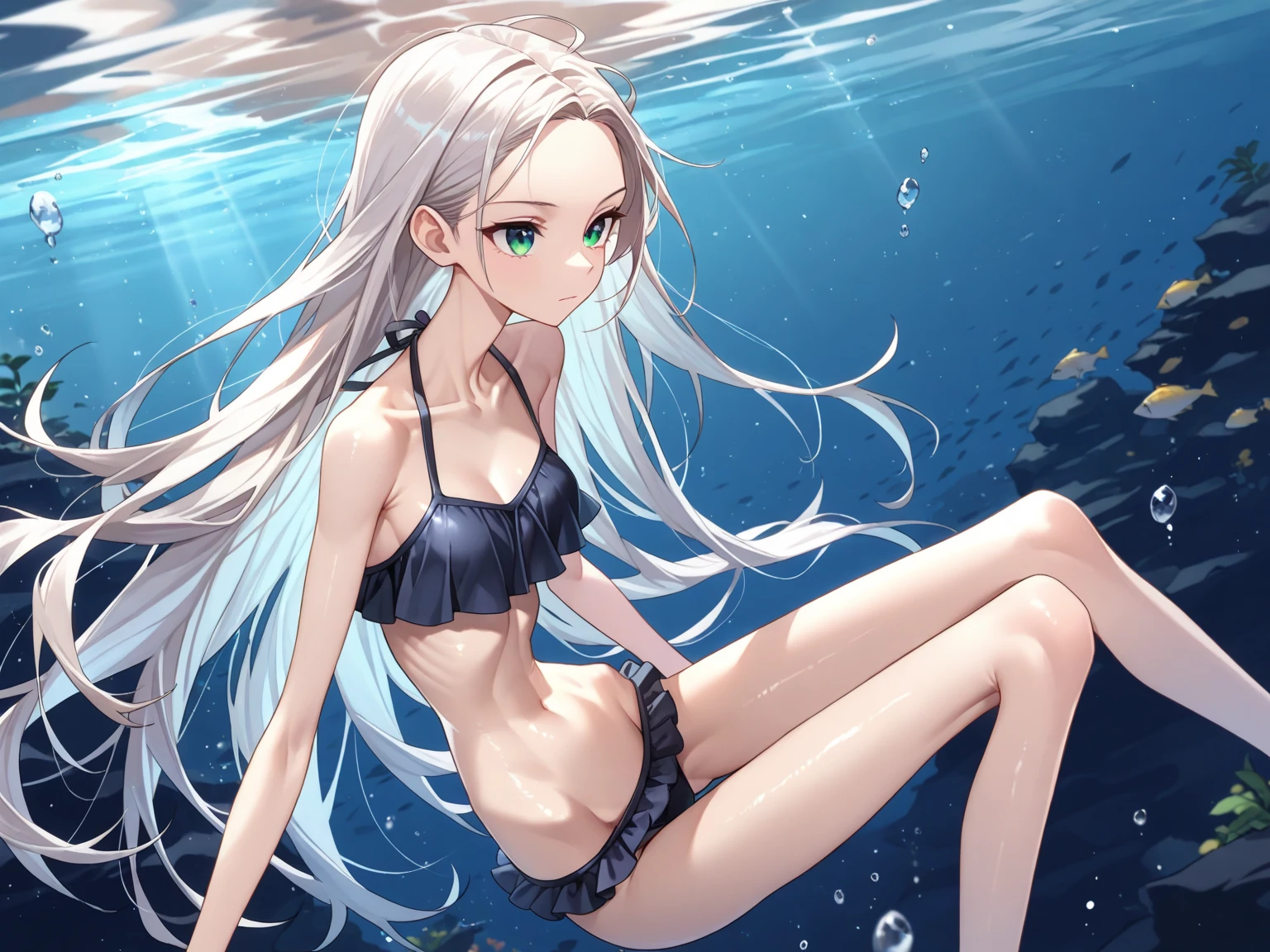 masterpiece, best quality, ultra-detailed, classic, dynamic angle, floating, glinting stars, impasto,portrait, beach, beautiful water, full body,
1girl, white hair, long hair, blush, swimsuit, wet, lying, looking at viewer, see-through,
<lora:GuihuagaoSomeSortOf_v10:1>