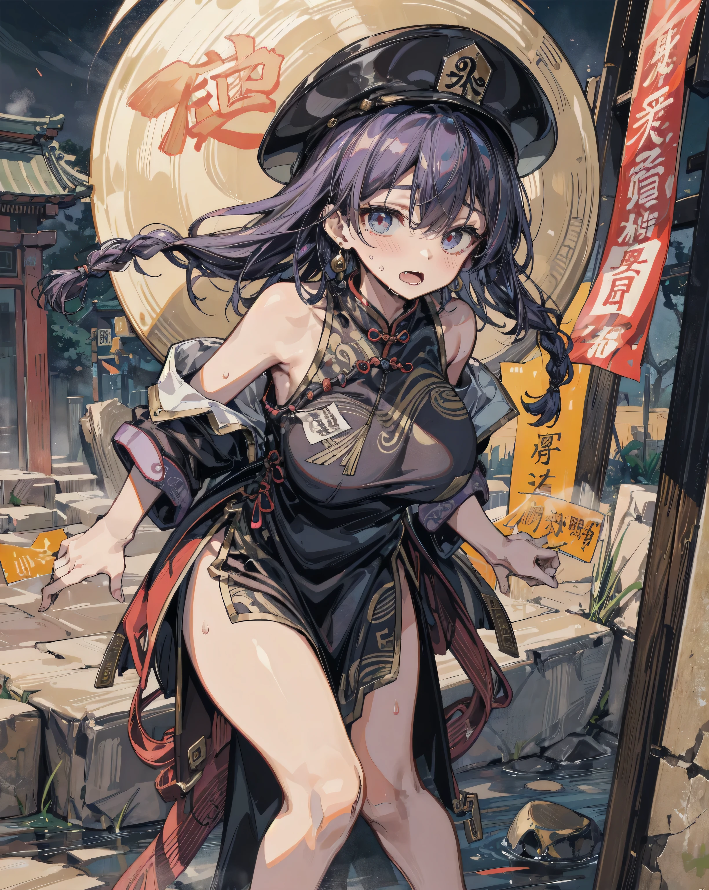 masterpiece, best quality, ultra-detailed, illustration, an extremely delicate and beautiful,high resolution, ultra-detailed,,perfect face,slender perfect body, Tight belly,Toned buttocks,Constricted waist,,(cyber punk:1.5),(Oiran:1.7),(battlefield:1.3),10yo,child,(white hair:1.2),(braided hair),(smile),(shirt comes off:1.3),(tattoo on thigh:1.3),(very long hair), shy daughter, short stature,(flat chest),( sweaty skin:1.2),(low view:1.5),white panties,(show off panties),(spread legs)