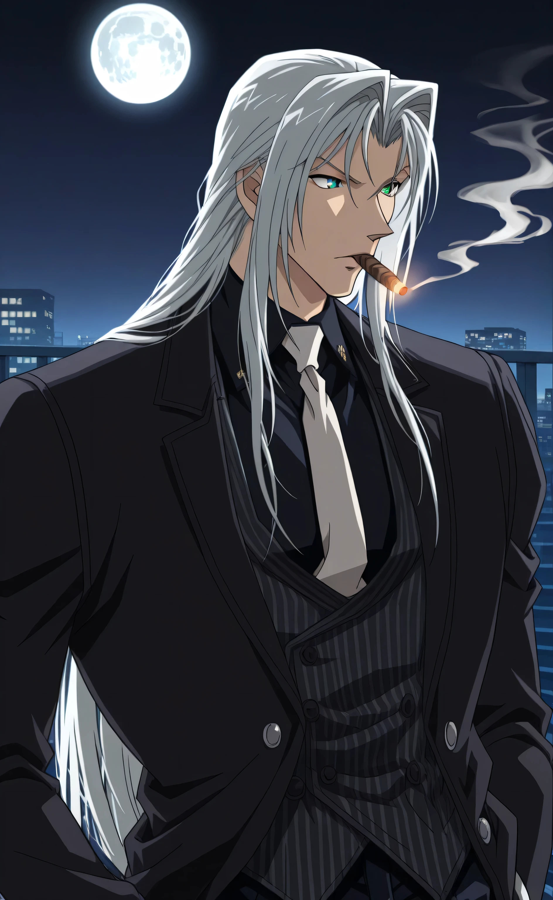 1male,solo,Sephiroth,long hair,silver hair,dark green eyes,grim,black coat,open coat,black shirt,white necktie,grey pinstrip vest,cigar,smoking,muscle, rooftop,full moon,male focus,Detective Conan Style 