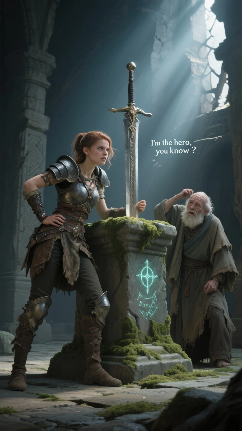 Belle femme au cheveux violet aux yeux marron habiller en robe blanche tenant devant elle un arc prêt â tirer et derrière elle son mari beau et chauve au yeux bleue  l'aidant à tirer 