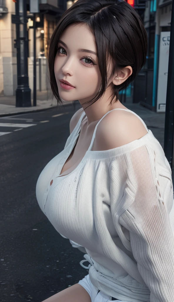 (logo, masterpiece, 8K, Tabletop, RAW Photos, wonderful, 最high quality, Photorealistic and very detailed CG composite 8k wallpaper, high quality, Very detailed, Narrative poem, Particle Effects, Dynamic Effects, Depth of the Boundary, Cinematic Light, Lens flare, Ray Tracing), short hair beautiful young woman, Hair tied back, high detail skin, very fine, fine skin texture, beautiful face, realistic eyes, beautifully detailed eyes, realistic skin, beautiful skin, surreal, smiling eyes, Hair and light eyes, Vibrant, Colorful lights and bokeh. The lighting casts a warm glow on her face and hair, Blue glow, Water surface reflection, Creates a dreamy and magical atmosphere, Big Breasts, Brown Hair, short hair, plump lower lip, pink blush on the cheeks , pink lips, brown tight no-shoulder knit sweater