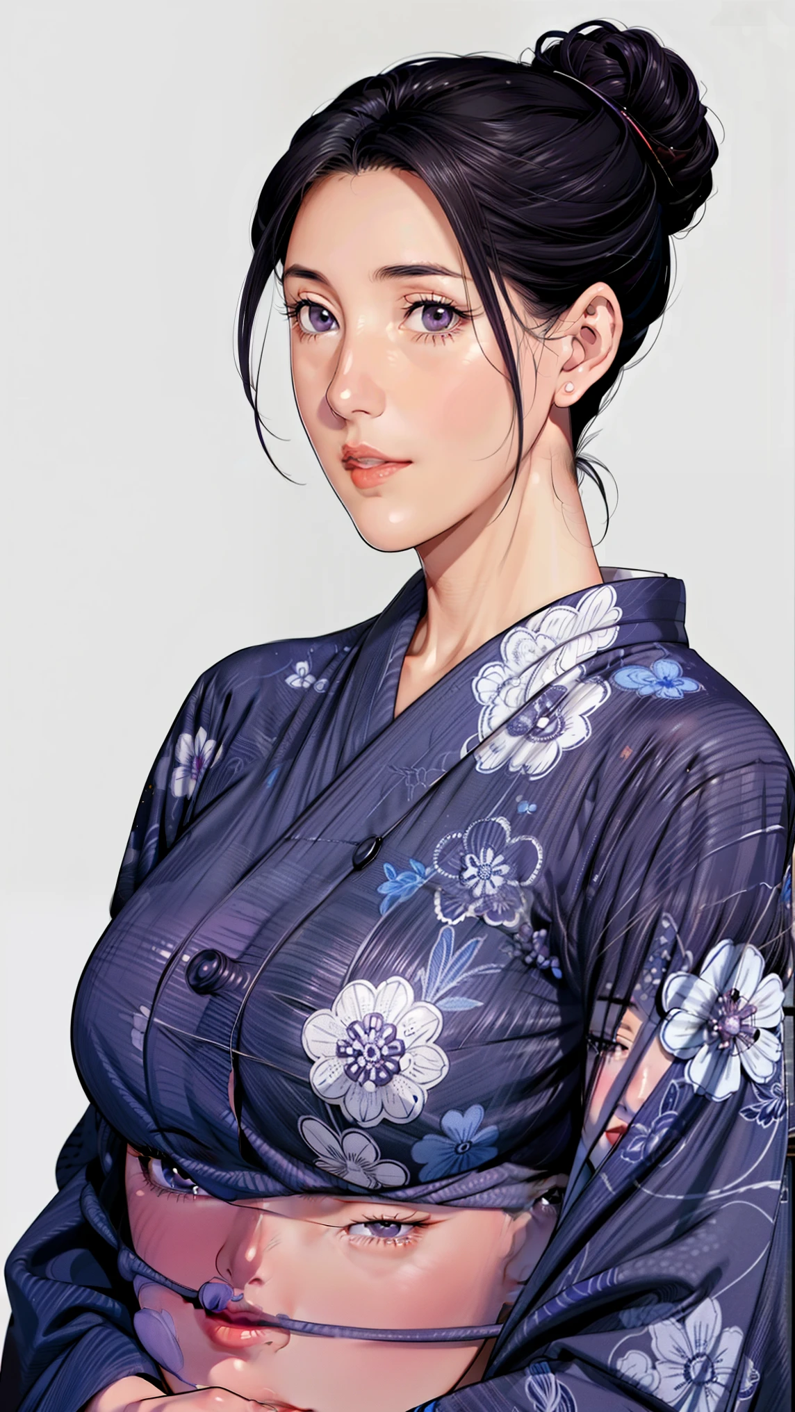 simple background,white background,
purple kimono,floral print,Japanese Clothes,wide sleeve,long sleeve,
Disconnect,
purple eye, dark haired,Bang,hair bun,
1 girl,young woman,beautiful long legs,beautiful body,
beautiful Nose,beautiful character design, perfect eye, perfect face,expressive eye,Perfect Balance,
watching viewers,(Focus on her face),with her mouth closed, (innocent_big_eye:1.0),(light_smile:0.3),
OFFICIAL ART,Highly Detailed CG Unity 8k Wallpaper, perfect lighting outside of Asia,colorful, Bright_front in the sky_ face_lighting,white skin,
(masterpiece:1.0),(Highest_Quality:1.0), ウルトラhigh resolution,4K,super detailed,
Picture, 8k, HDR, high resolution, absurd:1.2, Kodak Portra 400, film grain, Blurry Background, Bokeh:1.2, lens flare, (vibrant_Color:1.2),プロフェッショナルPicture,
(beautiful,big_chest:1.4), (beautiful_ face:1.5),( is narrow_waist),Naked , big boobs , big breast