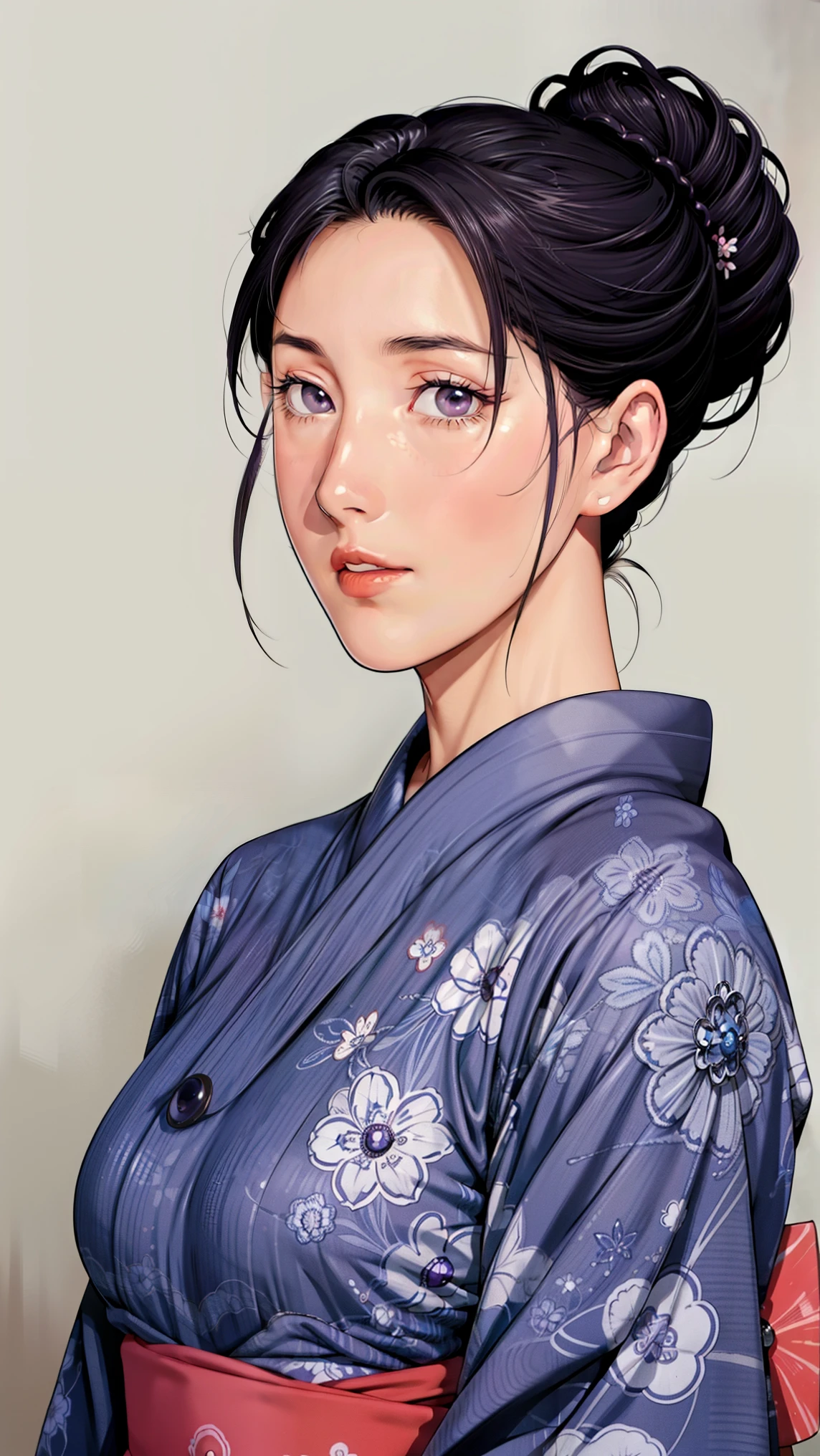 simple background,white background,
purple kimono,floral print,Japanese Clothes,wide sleeve,long sleeve,
Disconnect, 
purple eye, dark haired,Bang,hair bun,
1 girl,young woman,beautiful long legs,beautiful body,
beautiful Nose,beautiful character design, perfect eye, perfect  face,expressive eye,Perfect Balance,
watching viewers,(Focus on her  face),with her mouth closed, (innocent_big_eye:1.0),(light_smile:0.3),
OFFICIAL ART,Highly Detailed CG Unity 8k Wallpaper, perfect lighting outside of Asia,colorful, Bright_front in the sky_ face_lighting,white skin,
(masterpiece:1.0),(Highest_Quality:1.0), ウルトラhigh resolution,4K,super detailed,
Picture, 8k, HDR, high resolution, absurd:1.2, Kodak Portra 400, film grain, Blurry Background, Bokeh:1.2, lens flare, (vibrant_Color:1.2),プロフェッショナルPicture,
(beautiful,big_chest:1.4), (beautiful_ face:1.5),( is narrow_waist),Naked , big boobs , big breast