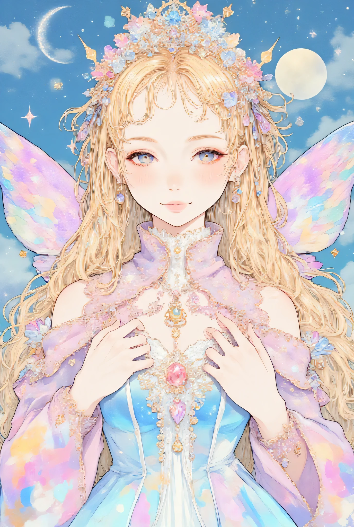 niji,Colorful portraits,(exquisite, beautiful, very detailed, masterpiece, high resolution,high quality,high resolution), (Soft and thin lines,A design concept illustration showing the entire antique part of a beautiful dress in vivid pastel colors with beautiful fairy wings like a butterfly on the back, A cute princess dress with a motif of the moon and stars against a pale night sky and stars in the background 、 decorated on the torso with a pale night sky and stars in the background , animated illustration from Pixiv that is going viral among Japanese people on Twitter), A gorgeous dress with a beautiful and vibrant color with a light blue base and a 風 and 月, Moon and wind motifs, cute princess dress with late summer motifs,