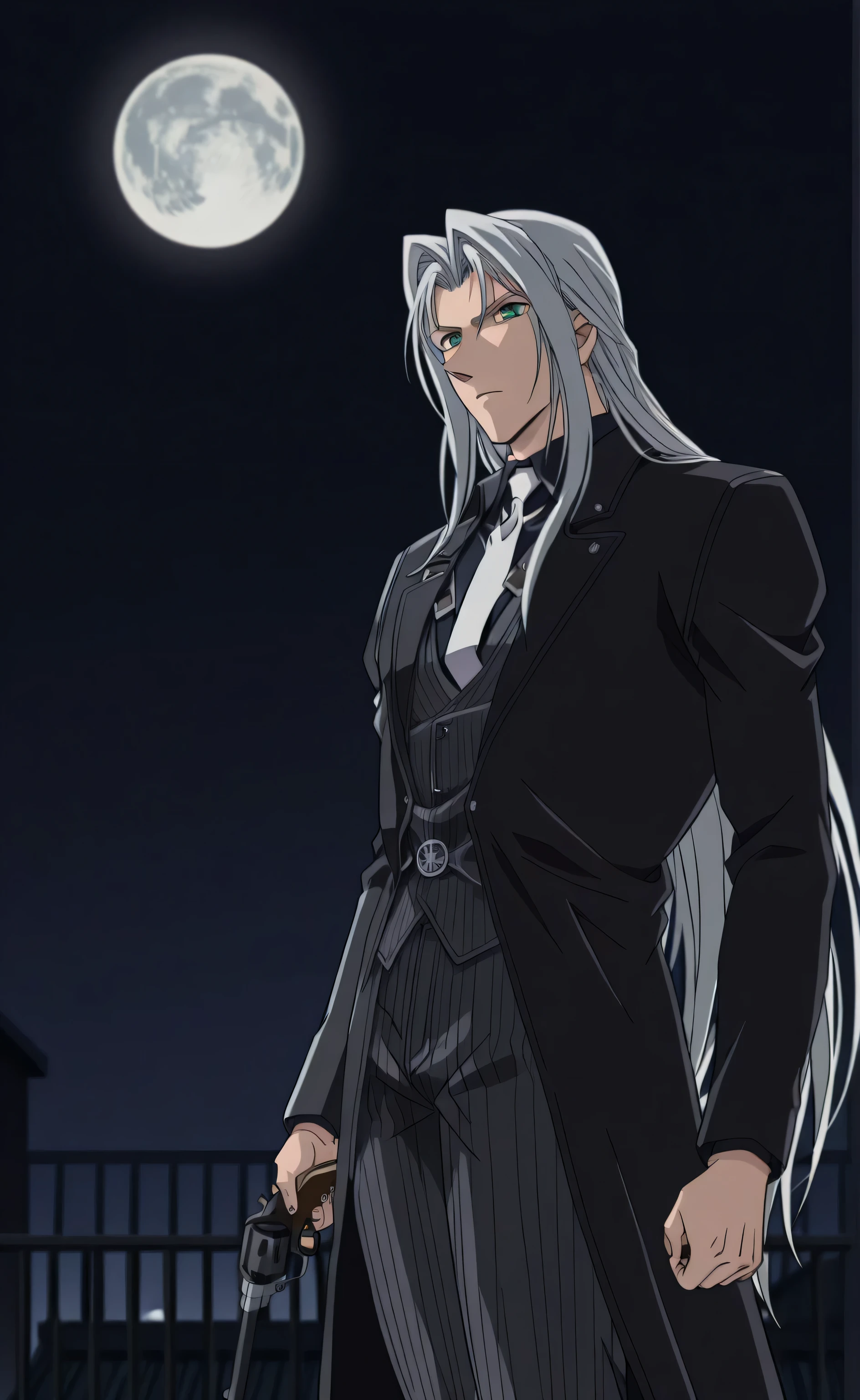 1male,solo,Sephiroth,long hair,silver hair,dark green eyes,grim,black coat,open coat,black shirt,white necktie,grey pinstrip vest,grey pinstrip pants,Colt Single Action Army Revolver,muscle, rooftop,full moon,male focus,Detective Conan Style 