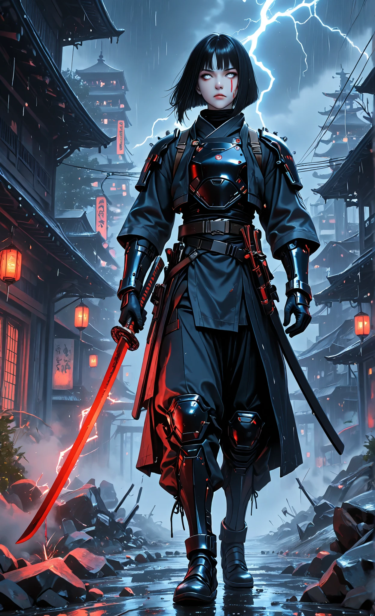 (masterpiece:1.3, 8k:1.3, Highest Quality:1.3, detail:1.3, high resolution:1.3, Anime The Movies of Sci Fi Samurai, ultra detailed),
highly detailed eyes and face, Details clear, Full body, Full Body view, A female warrior with short black hair, a stern face, bleeding from cheeks, glowing Pale White eyes, wearing Cyber samurai armor, hurling a Katana sword forward., sharp red glowing swords, Heavy rain, lightning, The background is a battlefield in the midst of a storm