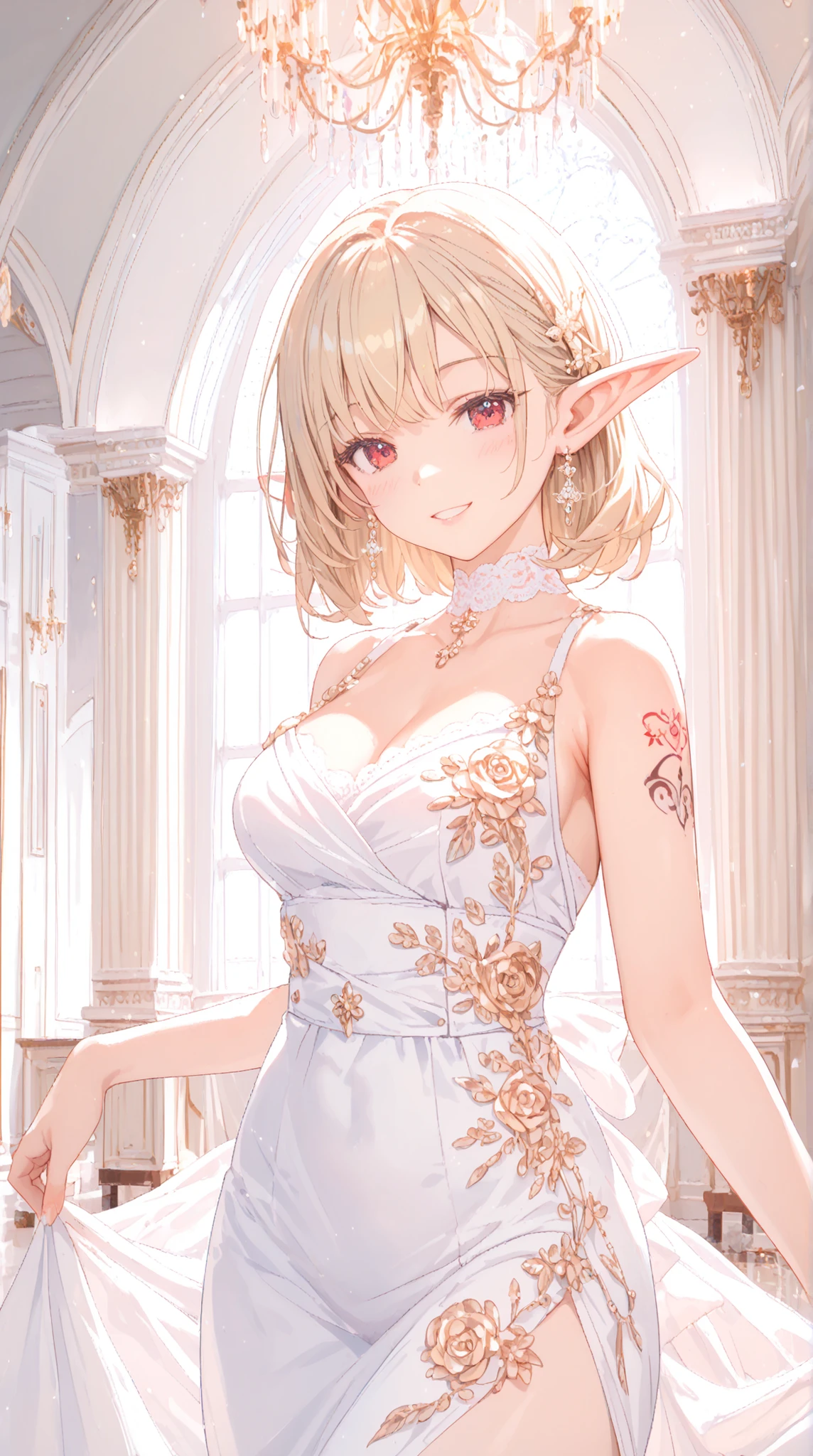 perfect quality, artistic masterpiece, Detailed Construction, 1 woman holding thunder, Point Elf Ears, Medium Green Gradation Hair, sharp red eyes, cool expression, Smile, The smooth texture of the skin , Black Lace Wide Choker, Delicate Tattoo Art, Decorative Pattern Up to , white military uniform dress, Gold Ornaments, Fit Style , supple body line, elegant vibe, Luxurious Reception Room, Crystal Chandelier, Night view