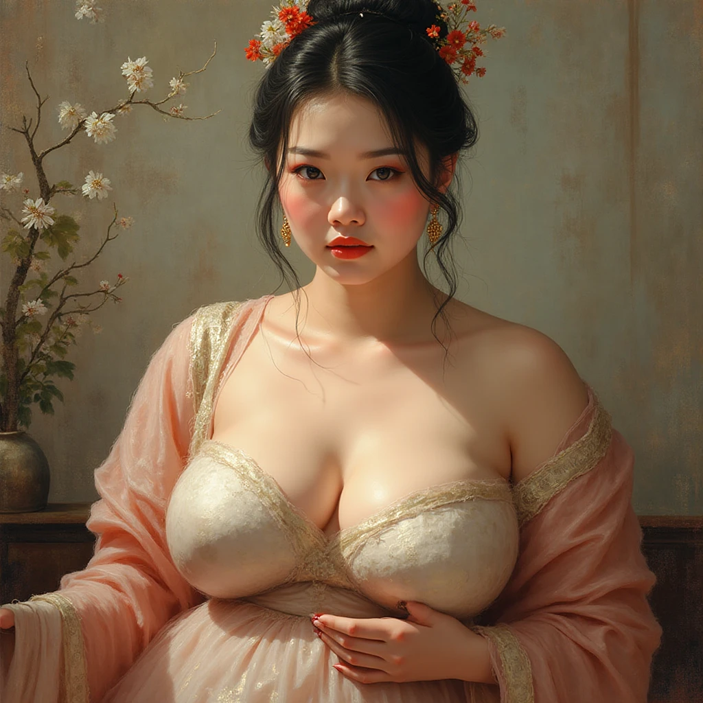 The Empress is standing naked, without underwear, showing her large breasts, hairy lower abdomen, and pubic hair.、
Her hair is tied up and pulled up with a gorgeous flower ornament on both sides.、The background of the crowning of the Qing Dynasty empress is the stone paving outside the palace of the Qing Dynasty China.
