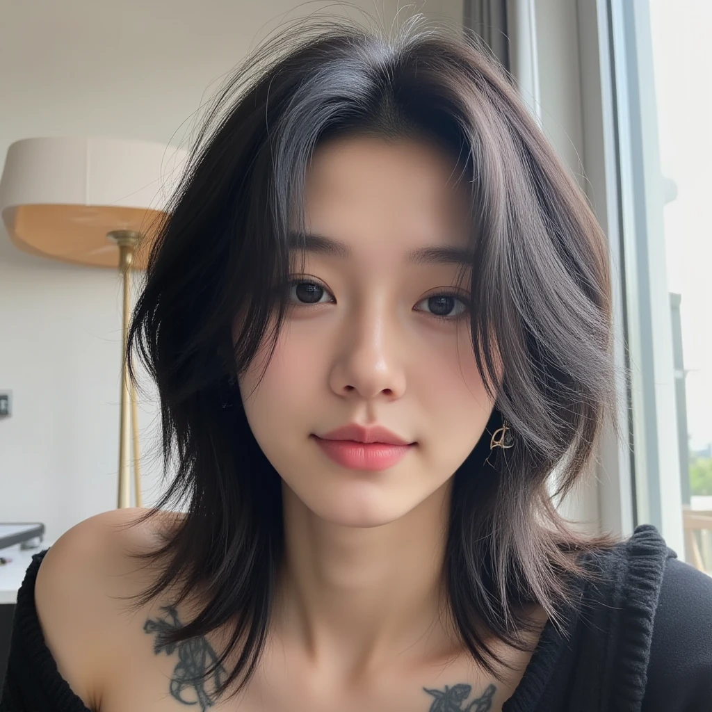 (top-quality、8k、32k、​masterpiece、UHD:1.2)、Photo of a 20 year old Japanese woman、large full breasts、very short bobbed hair、The upper part of the body、sface focus、oversized_sweater、a necklace、simple background、From  above、looking at the viewers、