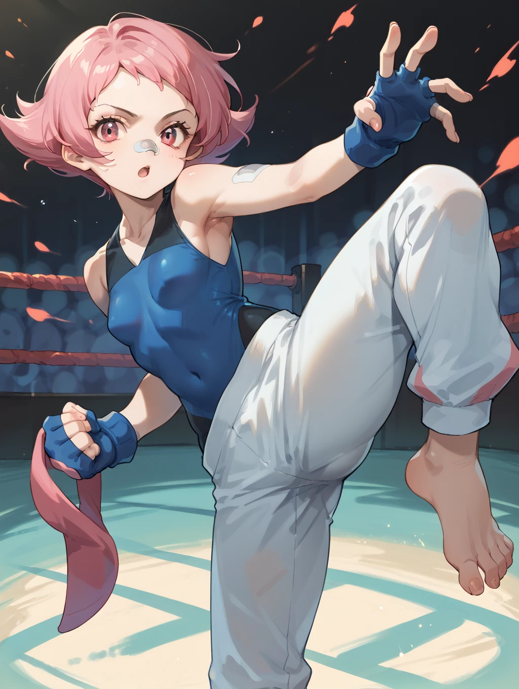 masterpiece, best quality, maylene, blue tank top, white pants, fingerless gloves, barefoot, clenched fists, hands to chest, kicking, simple background, yelling, furrowed brow, orange background <lora:maylene-nvwls-v1-000014:0.8>
