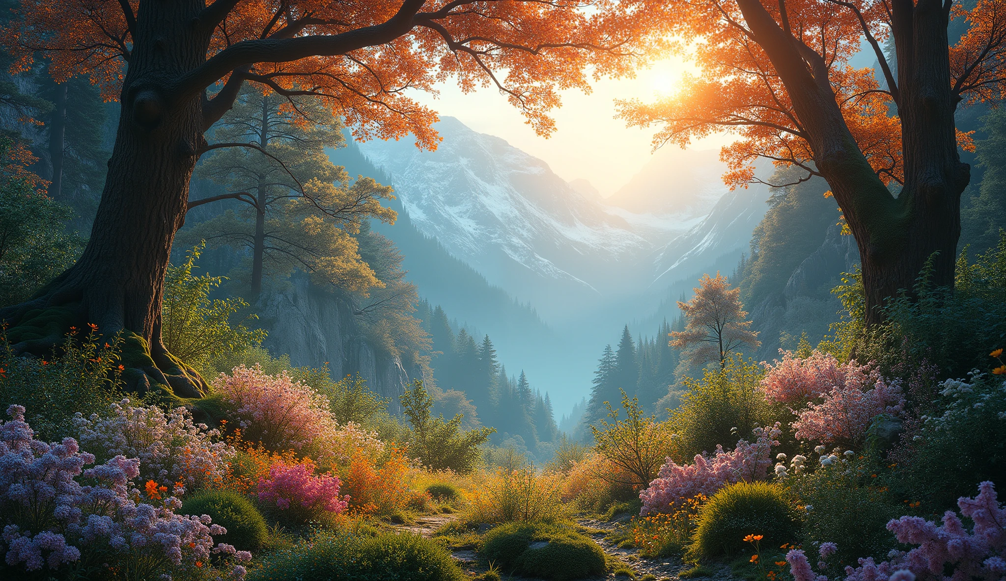 high-definition footage、Colourful Flowers and Trees々々、 Mysterious forest with magical beings hidden in branches、 8K、 High Quality Seven Colored Flowers々、Soft morning sun shines through snowy mountains in the Himalayas。