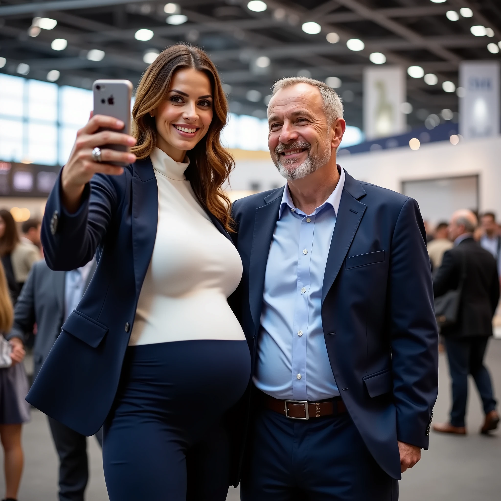 
A 40 years old very beautiful hostess on a trade fair, long dark blonde hair falling a little erotically over her left shoulder, small pregnant belly, she has huge massive low hanging sagging big breasts , ihre extrem riesigen und schweren Brüste hängen bei ihr hinunter bis zum Gürtel, ihre riesigen Brüste hängen hinunter bis zum Gürtel, large ass , wide hips, high resolution, 4k. person full in frame, from head to toe.

The beautiful hostess is posing for a selfie with a 70 years old male customer at the very crowded trade fair. Both persons are standing close to each other and the customer raises the smartphone to take the picture. Both persons are looking directly into the camera.The hostess is impeccably dressed in a white turtleneck top, a dark blue business jacket,  dark a blue very long business skirt reaching down to her high heels. 