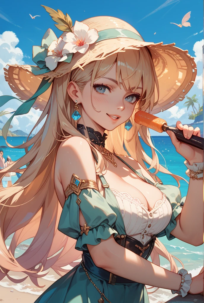 High quality,Ultra detailed,best quality,insanely detailed,beautiful,perfect lighting,masterpiece,absurdres,very aesthetic,sensitive BREAK
EmaSwimsuit2023, 1girl, long hair, solo, side-tie lace-trimmed bikini, detached collar, cat pendant,
bucket hat,
popsicle, holding popsicle, Licking popsicles, tongue,closed mouth,
outdoors,beach, looking at viewer, ,sitting, bedroom,smile,hand on between legs, Popsicle dripping,sky, horizon, 
<lora:Aizawa_Ema_IL_1.1:0.85>