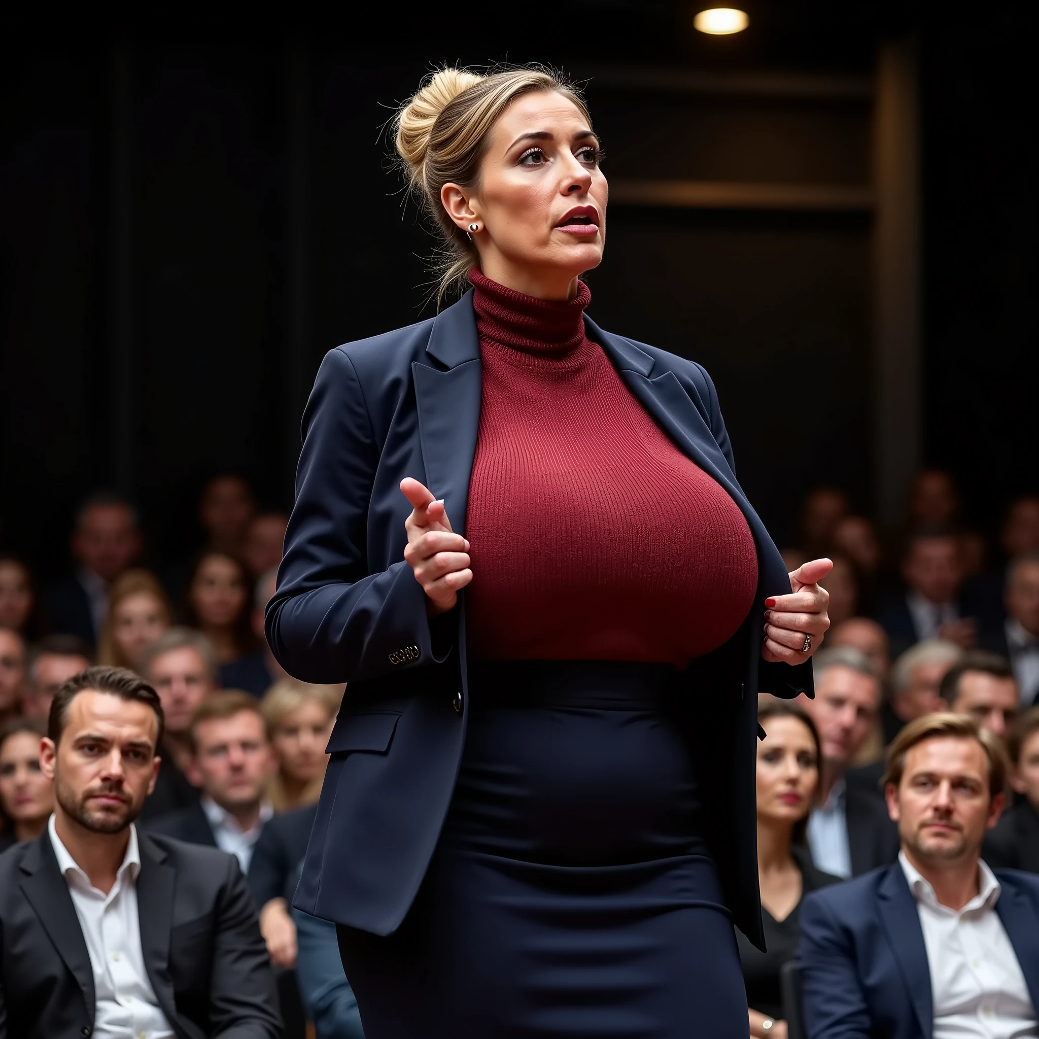 
A 40 years old very strict business woman, mature woman, The dark blonde hair tied up in a bun, with huge massive low hanging sagging big breasts , ihre extrem riesigen und schweren Brüste hängen bei ihr hinunter bis zum Gürtel, ihre riesigen Brüste hängen hinunter bis zum Gürtel, large ass , wide hips, wasp waist, high resolution, 4k. person full in frame, from head to toe.

A business woman is giving a keynote speech on stage at an important congress. A big audience is sitting in the congress room. The business woman hat einen sehr ernsten und konzentrierten Gesichtsausdruck, The business woman is impeccably dressed in a dark red rough knitted turtleneck top, a dark blue business jacket,  a dark blue very long business skirt that reaches down to her attractive high heels. 