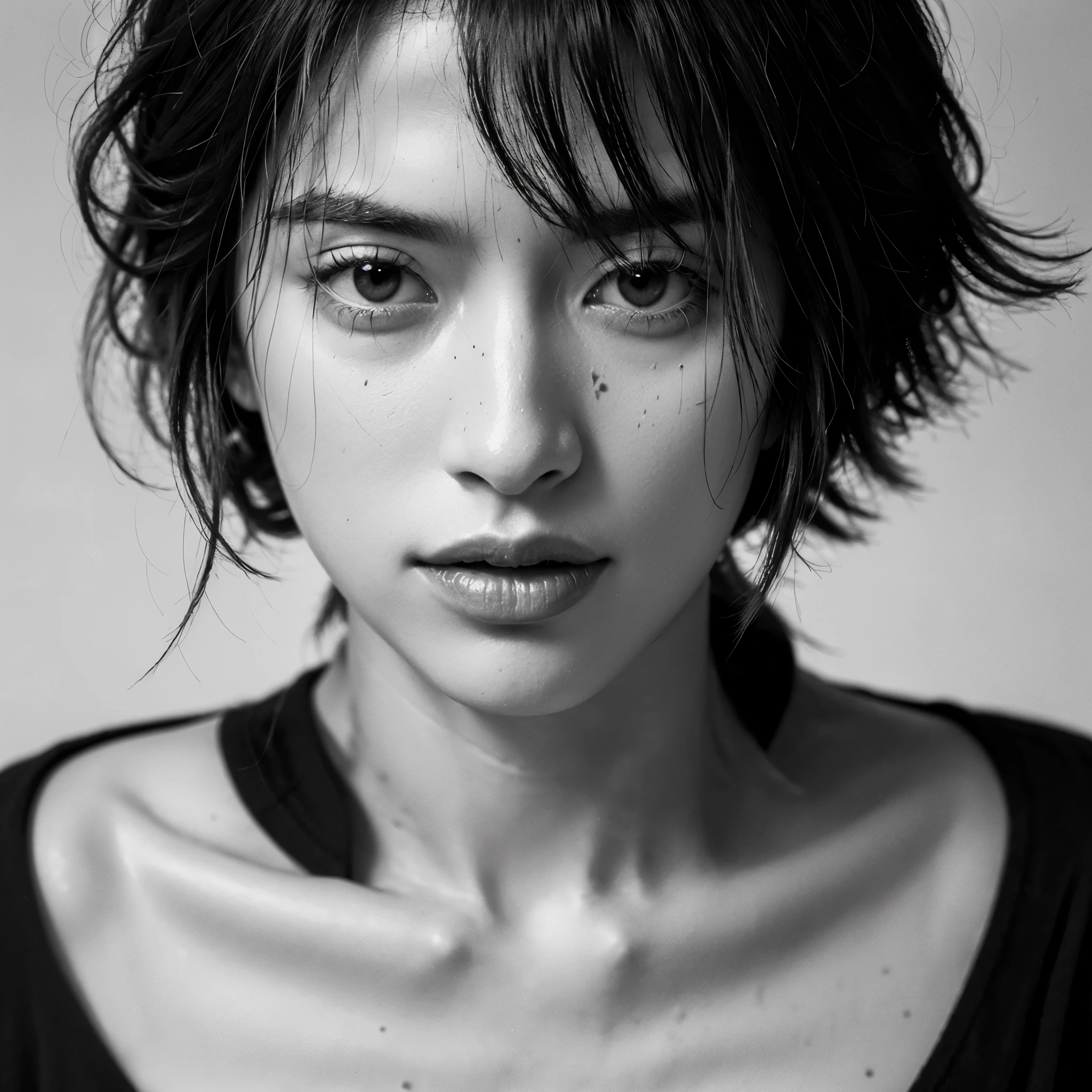 greyscale,monochrome,solo,1boy,male focus,realistic,looking at viewer,messy hair,scar,grey background,upper body,closed mouth,simple background,portrait,scar on face,lips