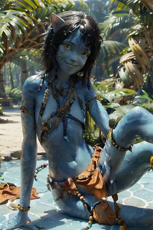 AvKiri, colored skin, blue skin, yellow eyes, short black hair, bandeau, necklace, beads, looking at viewer,smiling, close up, flat torso, outside, forest, sunbeam, high quality, masterpiece,  front view, navi tail, squatting,  