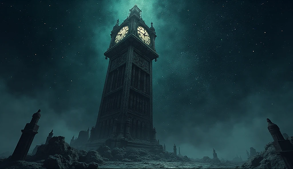 An ancient clock tower glowing in the night sky, its hands frozen at ...