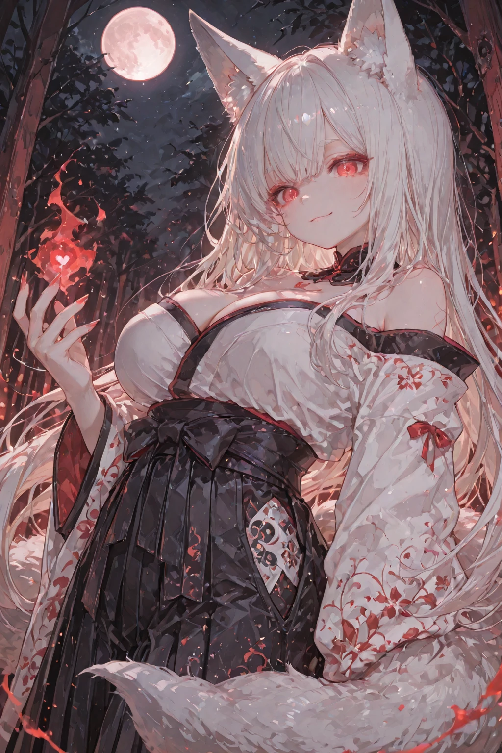 masterpiece, best quality, finely detailed, high resolution, high face detail, <lora:Coquelic_path_to_nowhere_anything_v3:0.7>, Coquelic, 1girl, (solo:1.3), red eyes, long hair, bangs, white hair, hair ornament, white dress, hair flower, red lips, jewelry, earrings, large breasts, wide sleeves, ribbon, black nails, evil smile, crazy eyes, frown, smug, (dark eyelashes, eyeliner:1.2) forest, shiny, sunlight, full body, white underwear, (micro muscle, abs:0.65), (hands in pockets:1.2),