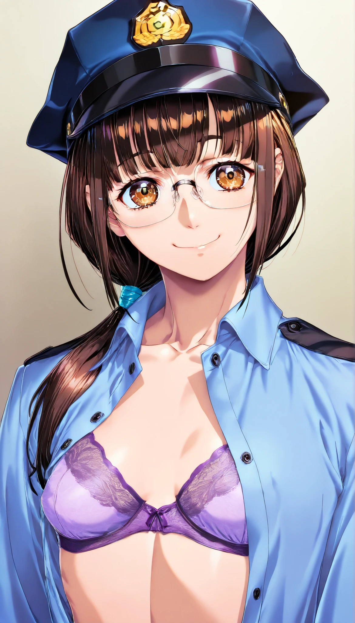 (Yokota Mamoru style),Charming Smile,(portrait :1.4),Highest Quality,masterpiece,Very Small Breasts,brown eyes,dark brown hair,police hat,collared shirt,open shirt, Purple Bra, Disconnect,purple panties,with timid KOIK,1girl,,align bangs,Low Ponytail,Mature Woman,glasses,watching viewers,realistic,