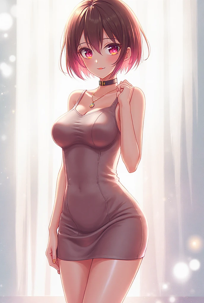 short red hair, short white dress, big chest, small waist, black stockings , beautiful black