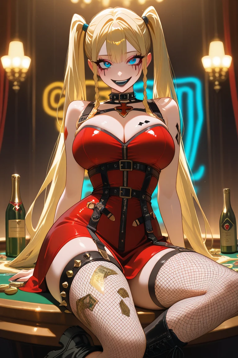 beautiful mechanical woman, solo, (half closed eyes, green eyes), (masterpiece eyes:1.3), BREAK, seductive smile, (mechanical skin:1.1), (exoskeleton leotard:1.3), (bare arms and shoulders:1.3), (cleavage, exposed groin), BREAK, (long eyelashes, red lips), bowtie, rabbit ear headphones, rabbit tail, wrist_cuffs, (blonde hair, bob cut), (forehead:1.3), BREAK, Flat_Chest, Huge_breasts, wide_lower back, (5fingers, 4fingers and 1thumb), BREAK, cyberpunk, (bar), bar counter and round chairs, wine, whiskey, bourbon, neon signboard, Masterpiece, best quality, captures a super cute moment, depth of field, ultra detailed, ultra high resolution, C4D, Octadale, 3D modeling, 8k, 16k,