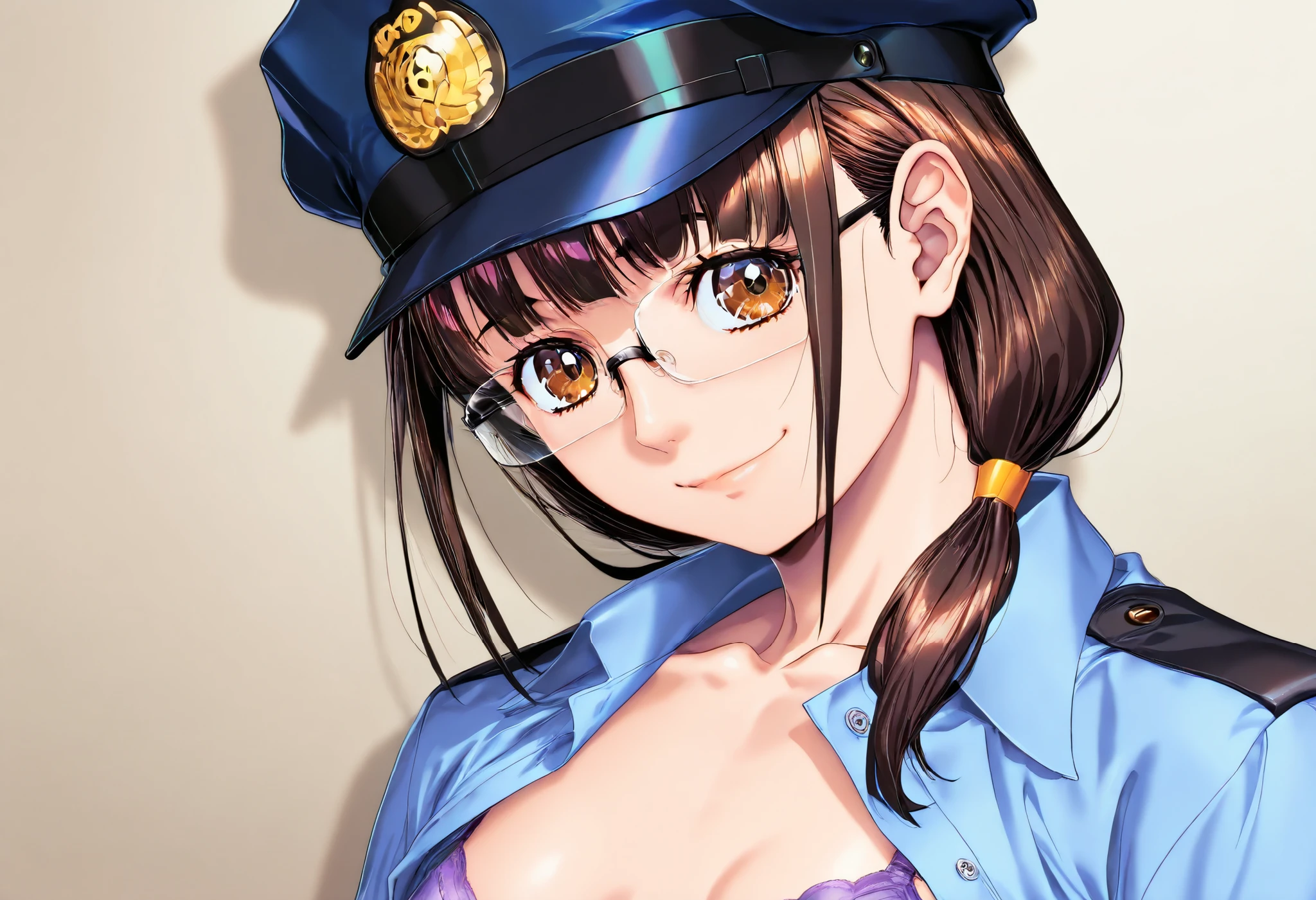 (Yokota Mamoru style),Charming Smile,(portrait :1.4),Highest Quality,masterpiece,Very Small Breasts,brown eyes,dark brown hair,police hat,collared shirt,open shirt, Purple Bra, Disconnect,purple panties,with timid KOIK,1girl,,align bangs,Low Ponytail,Mature Woman,glasses,watching viewers,realistic,