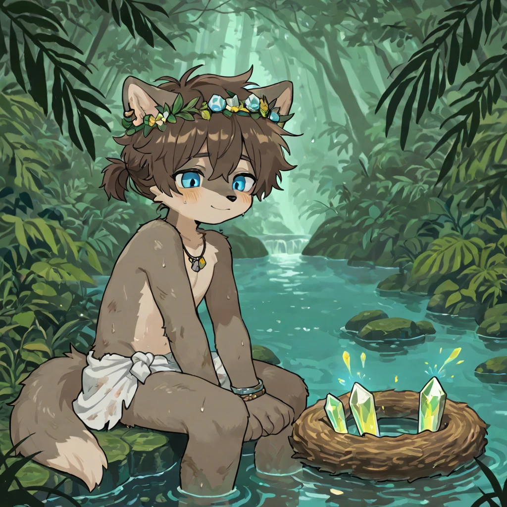 Polar bear, man, , muscular, big belly, very embarrassed, small  covered by  and big , holding on to his , Sitting in the water, Hot Springs