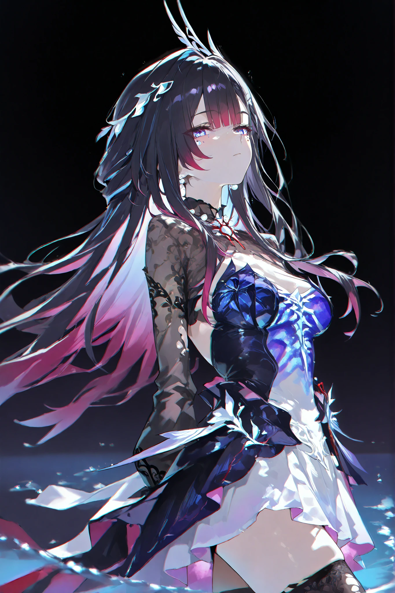 whnzz, enosan, masterpiece, high quality, best quality, detailed eyes, detailed hair, detailed skin, 8K, fine detail, (masterpiece:1.2, top quality), detailed background, masterpiece, Rutting Eyes, excessive soft breasts, aegyo sal, Masterpiece, Highest Quality, solo, yoneyama mai, blurry, chromatic aberration, portrait, close-up, aegyo sal, whnzz, mnmbcstyle, Flowing hair, Hysilens (Honkai: Star Rail), long black hair, multicolored hair, gradient hair, colored purple inner hair, hair ornament, purple eyes, zettai ryouiki, torn thighhighs, lace-trimmed thighhighs, black boots, dark background, water effect, medium breasts, water, from side, cute girl, (floating), Drifting in the sea