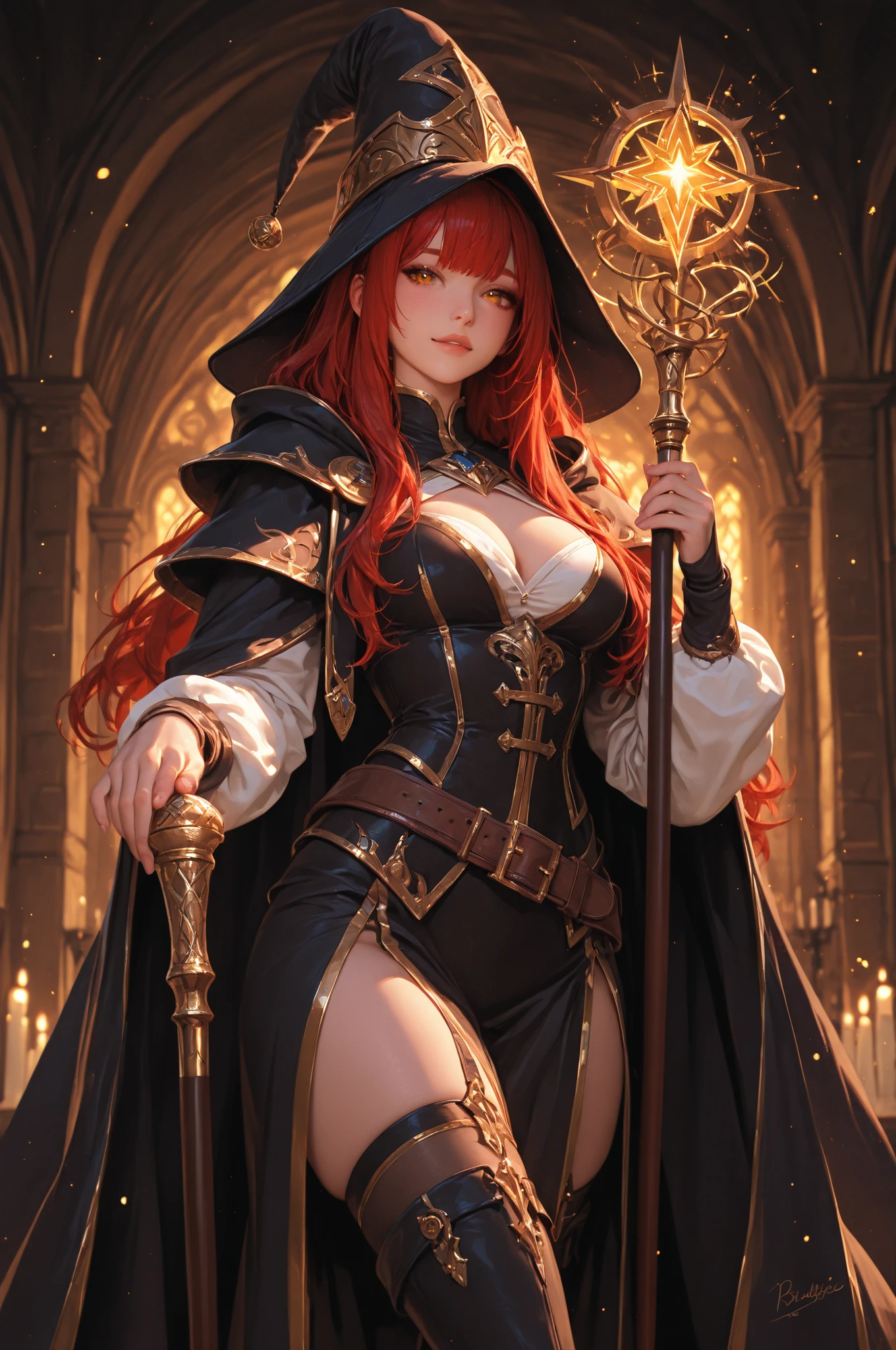 perfect eyes:1.2, detailed eyes:1.4, realistic:1.4, crazy eyes, crazy smile, red hair, hair over shoulder, holding book, book, robe, cape, fringe, tentacles, argyle, checkered, clothing cutout, thighhighs, makeup, lipstick, hood up, cleavage, 1girl, solo, (masterpiece:1.6, best quality),