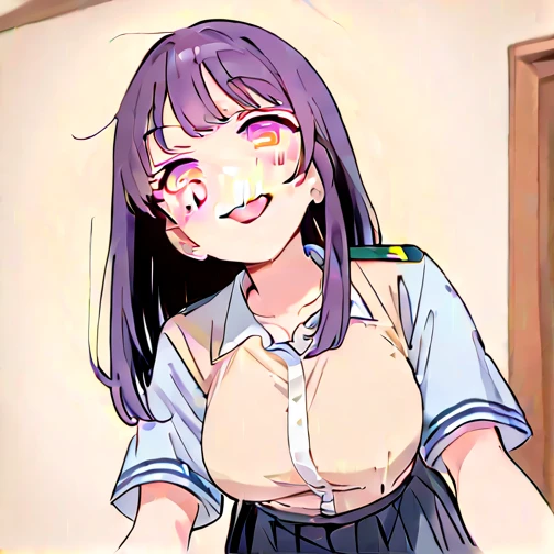 1girl in, masutepiece, Best Quality,Troubled face,Nikkeadomi,very short Pleated skirt, Hair Ornament, bowtie, Sweater Vest, blush, grey sweater, yellow bowtie, Small breasts, backpack, White socks,,((solo girl)),nsfw,(POV),pressing lips together,kissing mouth,sweaty saliva,front view,lustrous lips,face up,((half Open eyes)),have a runny nose,Sweaty and blushing body, open arms forward,hug,open mouth,tongue out,love hotel room background, saliva, sweat,pov, Looking at Viewer,saliva, sweat,incoming hug, incoming kiss,(open arms),Sweaty body,((Focus face,focus tongue,)),