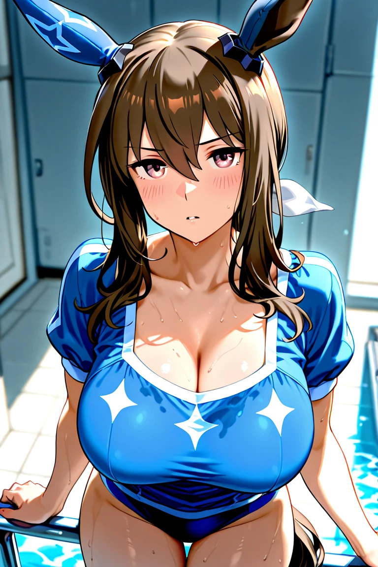 (big breasts:1.5),looking at the viewer,Are standing,(((masterpiece))),((highest quality)),perfect anatomy,8k UHD,highly detailed face,shiny and glossy,((1 girl)),((alone)),(detailed and beautiful eyes:1.5),perfect image,(Upper body:1.1),(look ahead:1.1),turn your arms behind your back,slim waist,(shiny hair),super detailed,disorganized,shiny school swimwear,smile,sensitive smile,indoor pool,school swimwear,
