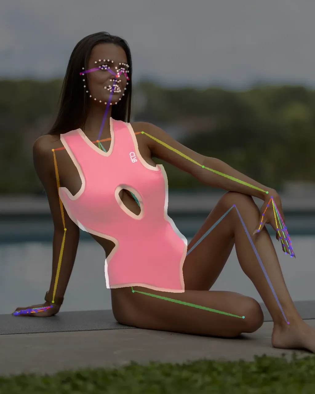 a woman in a purple and blue bikini top, a digital painting inspired by Victor Moscoso, tumblr, funk art, 3 d neon art of a womens body, neon edges on bottom of body, purple body, abstract human body, toned shape, purple and blue neon, psychedelic swimsuit, perfect female body silhouette, blacklight aesthetic, violet polsangi pop art