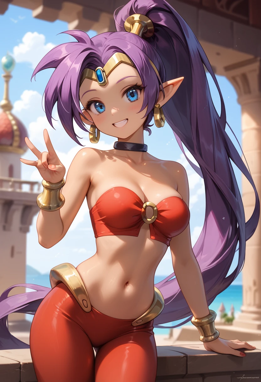 (masterpiece, best quality:1.2), extremely detailed, soft ambient lighting, sharp focus, 4K, colorful scene, BREAK <lora:shantae-nvwls-v1:0.8>, shantae, 1girl, solo, very long purple hair, tiara, choker, hoop earrings, o-ring bandeau, vambraces, red pants, red shoes, medium breasts, BREAK outdoors, desert village, standing, looking at viewer, smiling, blush,