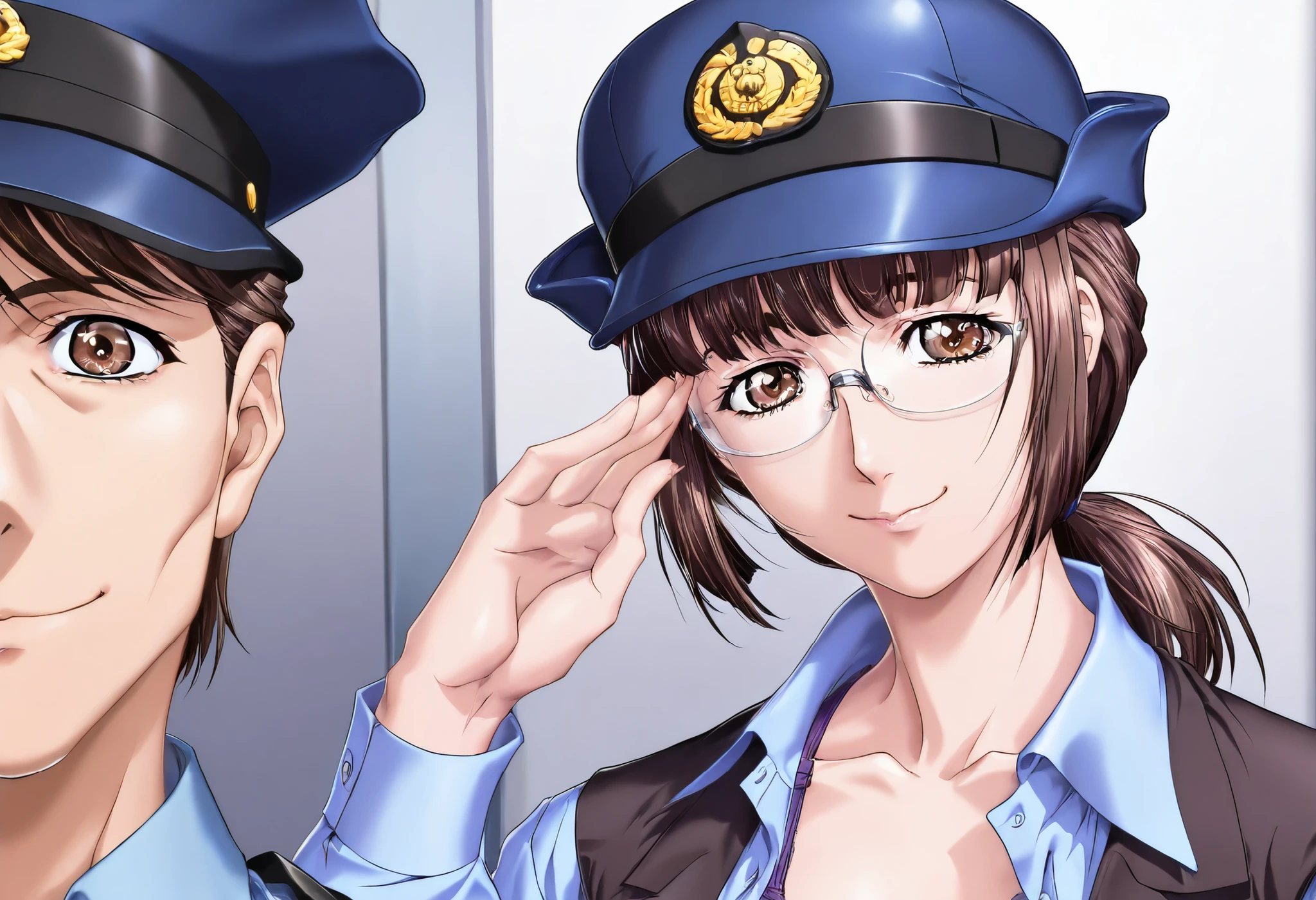 (Yokota Mamoru style),Charming Smile,(portrait :1.4),Highest Quality,masterpiece,Very Small Breasts,brown eyes,dark brown hair,police hat,collared shirt,open shirt, Purple Bra, Disconnect,purple panties,with timid KOIK,1girl,,align bangs,Low Ponytail,Mature Woman,glasses,watching viewers,realistic,