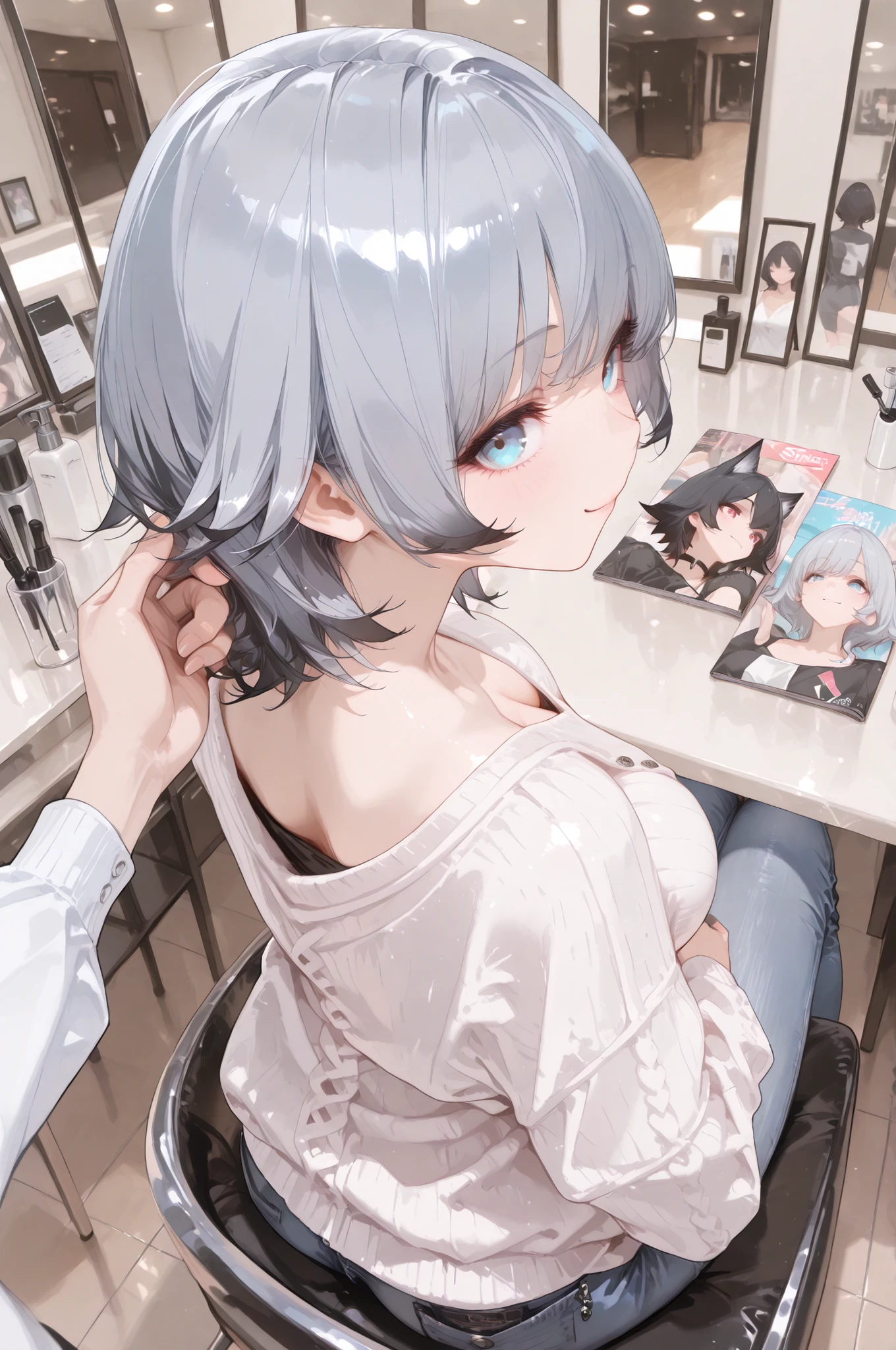 masterpiece, Highest Quality, intricate details, high resolution, Accurate Fingers, solo, girl,
short hair, wolf cut hair, flipped out ends hair, Dark silver hair,
Light Blue Eyes, large breast,
beauty salon, Sit on a chair, Hair Salon, mirror, magazine, Man's hand touching hair,
ss_highangle, from behind, from above, pov, dynamic angle,
smiling,
white cardigan, black inner , jeans,