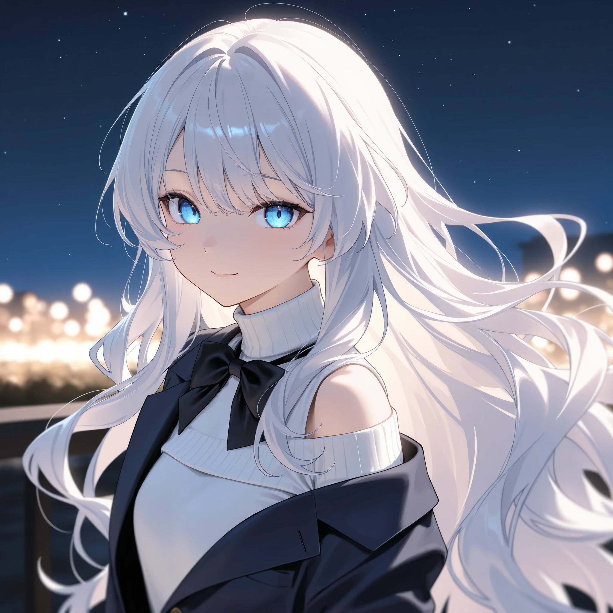 score_9, score_8_up, score_7_up, masterpiece, best quality, detailed face, 1 girl, solo, beautiful, modest chest, slender body, mature, light makeup, adorable, sharp eyes, closed mouth, gentle smile,
Very long hair, grey wavy hair, himecut bags, vibrant blue eyes, shoulders, hand, panda ears, black unbuttoned blazer, white turtleneck, black ribbon bowtie, white off-shoulder sweater, Outdoor background, starry sky, windy, hair flow, night, depth of field, bloom, soft lighting, best composition, looking at viewer, from the front, from the side, dynamic, character focus,
