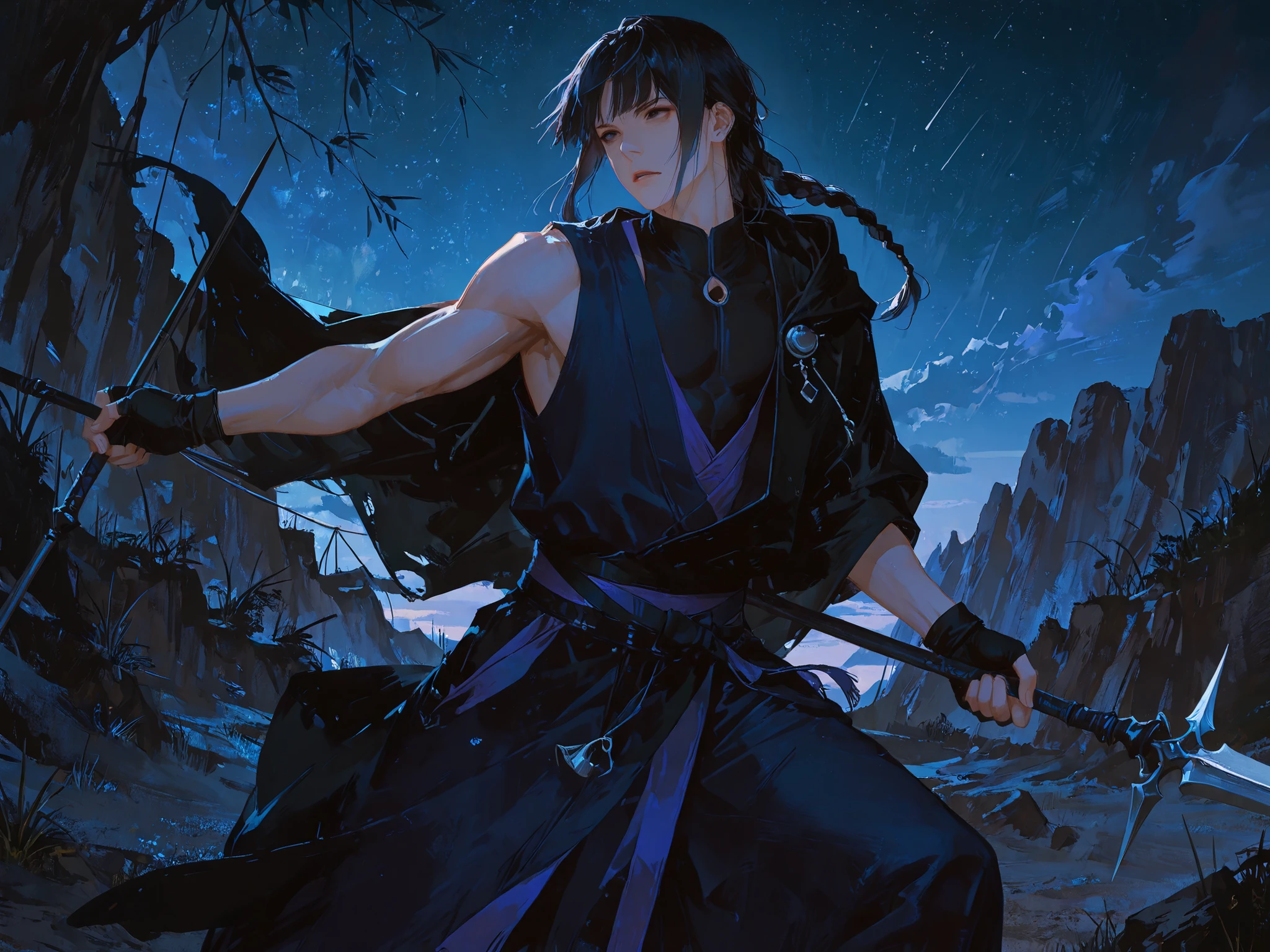 medium shot, front shot, makes an aesthetic, Master piece, Best Quality, ultra detailed, a handsome man, (man:1.6), solo, (male:1.6)  long hair, male hair in braid, male black hair, (male:1.6)wept bangs, beautiful black eyes, toned, sleeveless monk costume, dark blue and purple layered costume, high-neck inner shirts, short black cloak, one shoulder cloak, black black fingerless glove, parted lips, spread one arm,  (action pose:1.2), fighting stance, holding a Chinese spear, night, cliff view