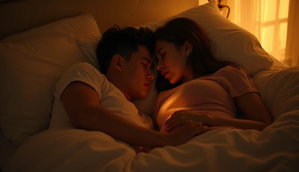 Cuddling,2girls,2boys,on bed,1boy 1girl,spooning,on side,hug from behind,<lora:Cuddling:0.7>, medium shot, Soft illumination, dreamy atmosphere, Unreal Engine 5 + Octane, lightning atmosphere,8k