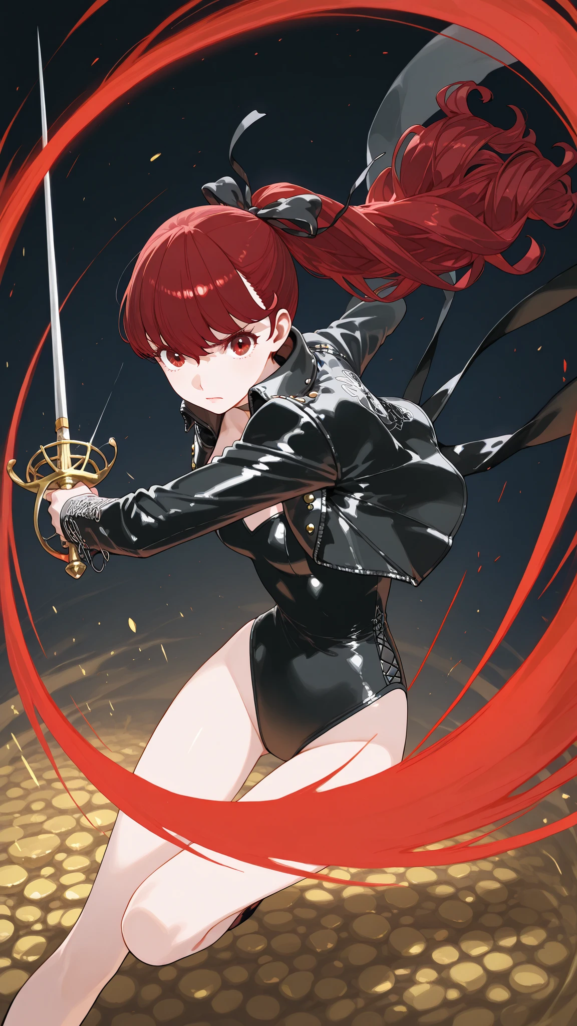 The tip of the sword of the treasure sword rapier,slashing,Kasumi Yoshizawa,red ponytail ,black leather jacket,black leotard,黒いhair bow,serious,Red Hair and Eyes,long shot,dynamic pose,Shining slashing Effect back ground,small hip