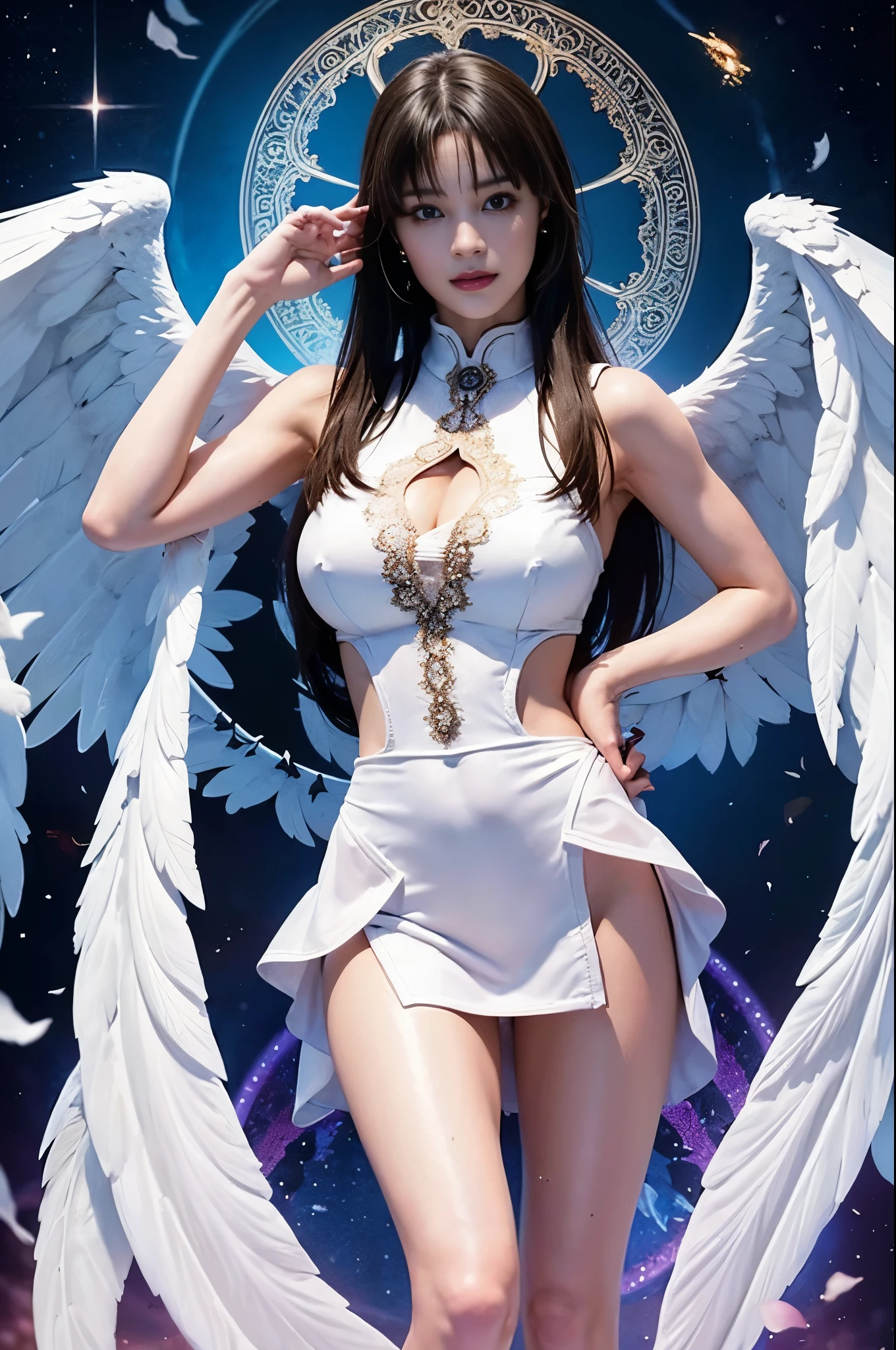 wide wide shot,(highest quality,masterpiece:1.2),(cyborg people), colored hair,(She has a pair of huge feathered wings behind her shoulders),Money,perfect proportions,(彼女のMoney属製の機械的な手足),(footwear),slim,光沢のあるMoney属、Bright colors,The lighting is dramatic., Creates depth and three-dimensionality、cleavage、smile、future city、night view、luxurious dress、correct finger