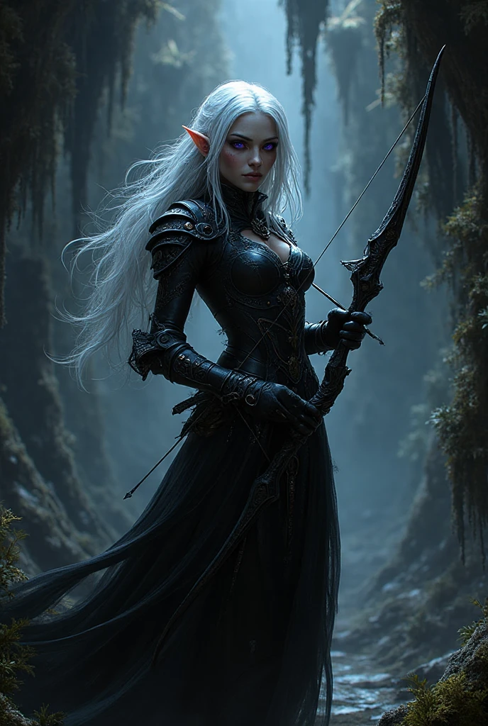 Necromancer Archer Figure: A female archer, slim and athletic, with a dark yet elegant aura.hair: Her short hair is a mix of blonde and purple, perhaps with flowing transitions or ombre effect, slightly wavy and fall over her shoulders.eyes: Your eyes glow in an unnatural green or an icy blue, a reference to her necromantic abilities.attire: She wears a combination of medieval armor and magical robes. Dark, Leather armor decorated with runes covers her upper body and arms. Under the armor she wears a black, slightly torn cloak, fluttering in the wind.arch: Her arch consists of a dark, enchanted wood, decorated with silver or luminous symbols. The arch radiates an eerie energy.Arrows: The arrows in her quiver also have a magical effect, with black feathers and tips, which are surrounded by a dark aura.backdrop: The backdrop could be a dark forest or a dilapidated, show foggy landscape, which enhances the mystical and threatening atmosphere.short White hair