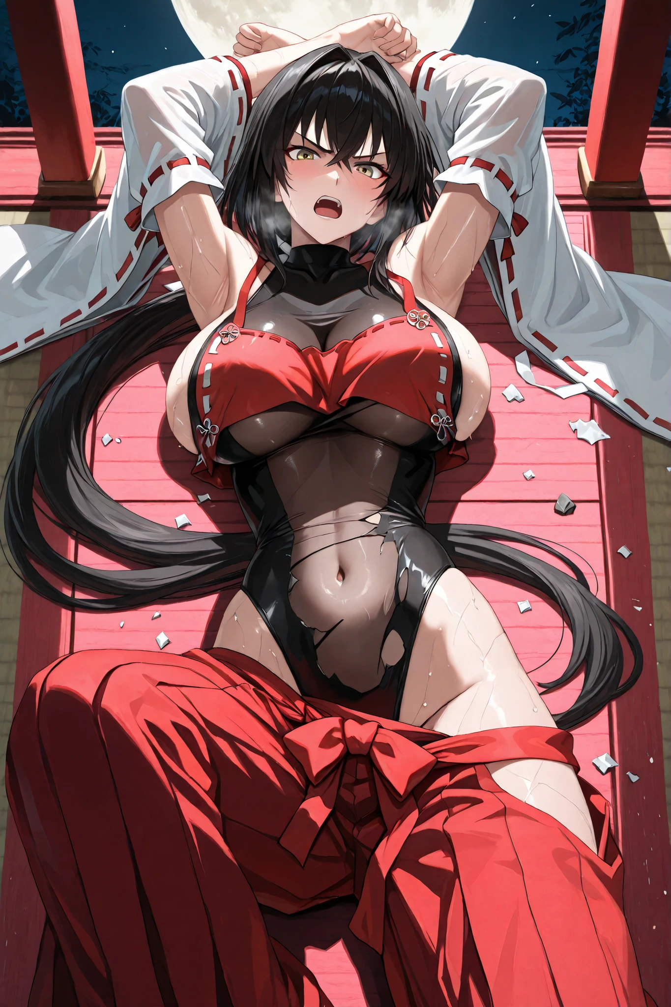 handfixer,Japanese background,SOLO,A mature Female,sendai hakurei no miko,red hakama(Broken), solo,Silk leotard under clothes(Broken), black silk leotard(See-through), japanese clothes(Broken),(((Clothes shattered))),(Clothes Burst)(Pops),(Broken Clothes), nontraditional miko, black hair, hakama pants(Broken), yellow eyes, Large breasts,Cleavage,(((Lowerboob))),Sideboob,(((Navel))), detached sleeves((Broken)), hip vent,(Black Short hair,intakes hair)),((Very long ponytail)(Low ponytail)),(Rebuke, scowl, v-shaped eyebrows, open mouth,Heavy breathe,Blush),Sweaty skin,((Lying on the red wooden stair In front of the Shrine,Arms Raise,Spreading Legs)),Outdoors,At Midnight,Full moon,Sky,UHD, masterpiece, anatomically correct, Shiny skin, super detail, best quality, highres, 16k, 1080P,(((From Above))),(((Look at the viewer)))