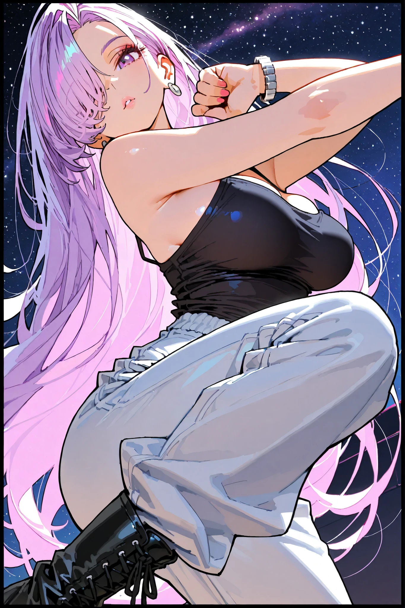 (beautiful girl flying through the sky : 1.3),1 girl,(camisole,bracelet,earrings,boots),(light purple hair),colorful hair colors that have been on a winning streak,Very long hair,hair over one eye,purple eyes,No expression, Cubism Background, big breasts,starry night sky,Skyscrapers,Martial arts pose,dynamic angle,masterpiece,Highest Quality,Rich Contrast,High Precision,8k,High Definition CG Unit Wallpaper,texture,unbelievably absurd,RAW images,Deep Border 1 .2,very detailed