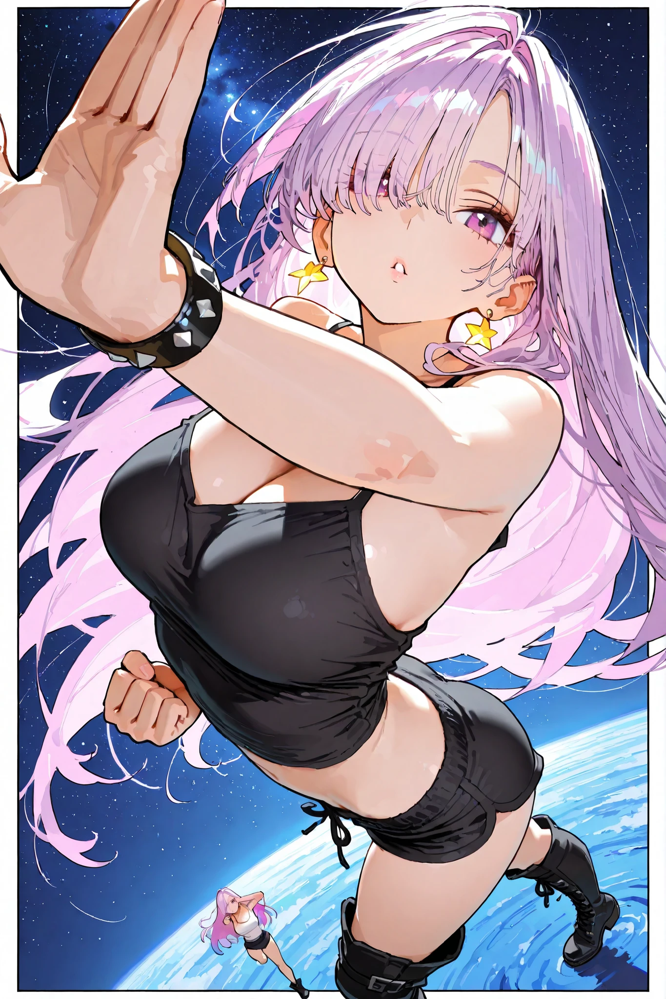 ((masterpiece)),(((Highest Quality))), ((very detailedな)), ((figure)), masterpiece, Highest Quality, high resolution, {beautiful fine eyes}, in fine detail, 4k wallpaper, beautiful fine eyes, (beautiful girl flying through the sky : 1.3),1 girl,(camisole,bracelet,earrings,boots),(light purple hair),colorful hair colors that have been on a winning streak,Very long hair,hair over one eye,purple eyes,No expression, Cubism Background, big breasts,starry night sky,Skyscrapers,Martial arts pose,dynamic angle,masterpiece,Highest Quality,Rich Contrast,High Precision,8k,High Definition CG Unit Wallpaper,texture,unbelievably absurd,RAW images,Deep Border 1 .2,very detailed