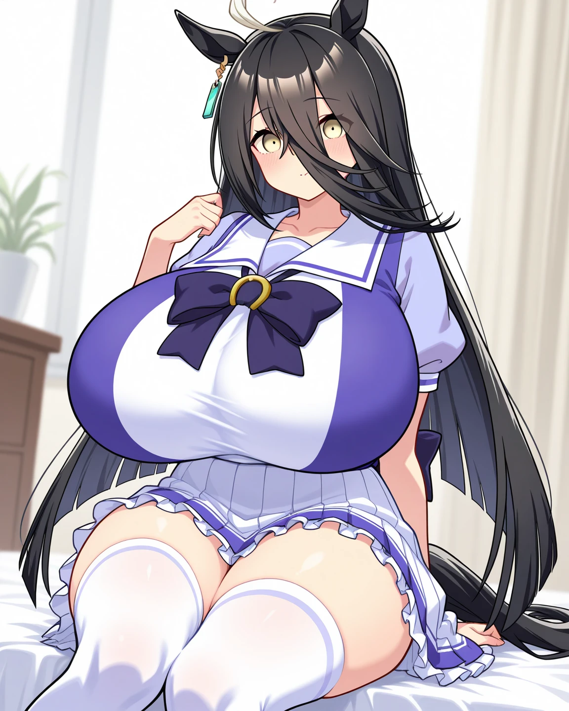 A Cute young Girl, with Breasts that are too Extremely Massive. Brunette hair, Beautiful blue eyes, worried expression about her excessively enormously Gigantic breasts and that they won’t stop growing Larger.