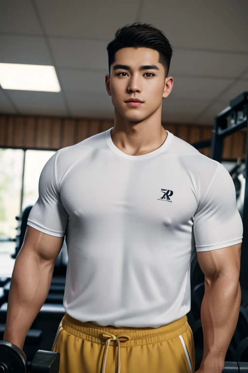 Masterpiece, best quality, high resolution, realistic, handsome, Take beautiful photos, Sayk, NRF, Photo of the 35 year old gym association (man:1.2) Portrait, standing in the gym , make military media, weight, Amazing , Buzzcut short hair,stubble head , (Hyper Muscle),looking at the audience, Flirt with the camera, charming, (Tight white exercise shirt ),(GS-Male:1), 8k uh