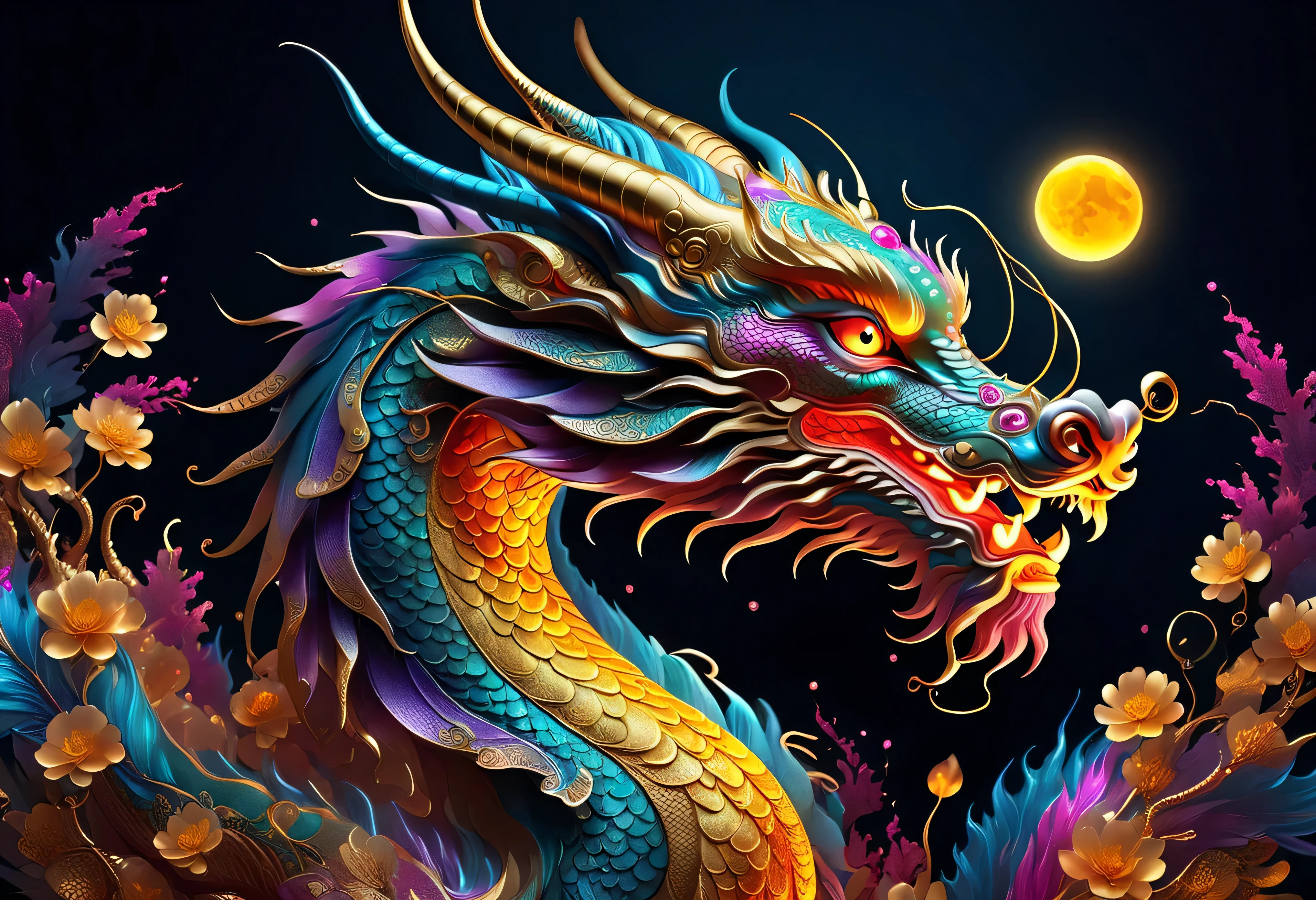 Chinese dragon portrait, (rich and colorful,high detail,vector art)，（Background gold coins heavy rain neon light technology laser）